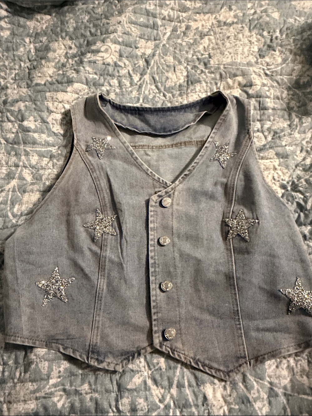 Silver-Embellished Gray Denim Vest - Kids Jackets & Coats